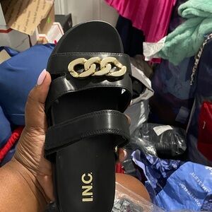 INC International Concepts Black Sandals with Gold Chain